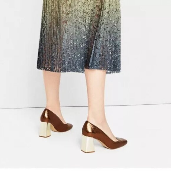 Zara Bronze Metallic Block Heel Pumps Square Toe - Picture 2 of 7